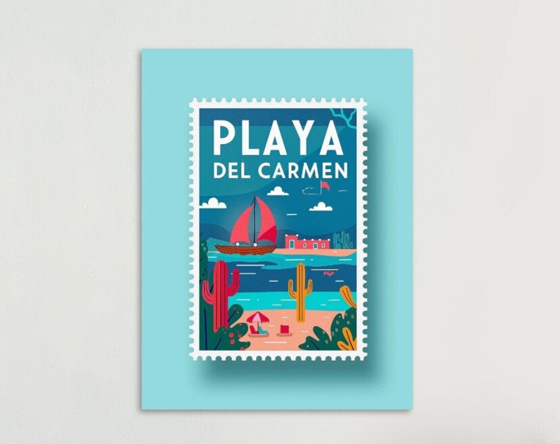 Playa del Carmen Beach Sailboat Vintage Travel Stamp Art Poster