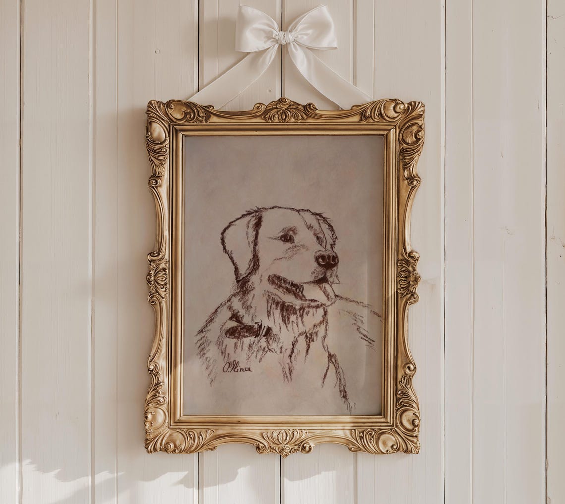 Smiling Golden Retriever in a Warm Ink Sketch Portrait Poster