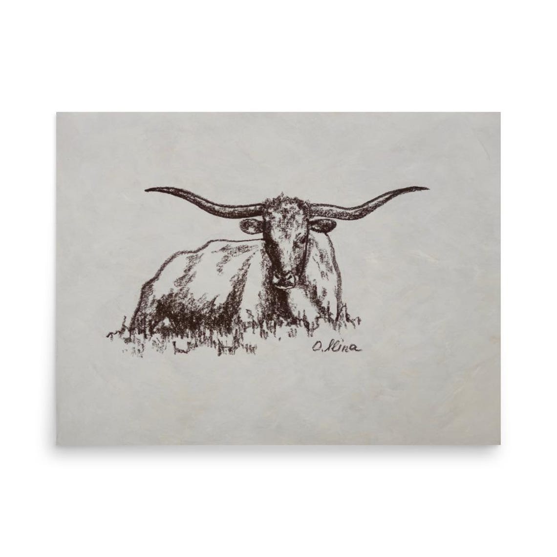 Longhorn Steer Resting in Grass Ink Sketch Poster Western Ranch Art - Image 3