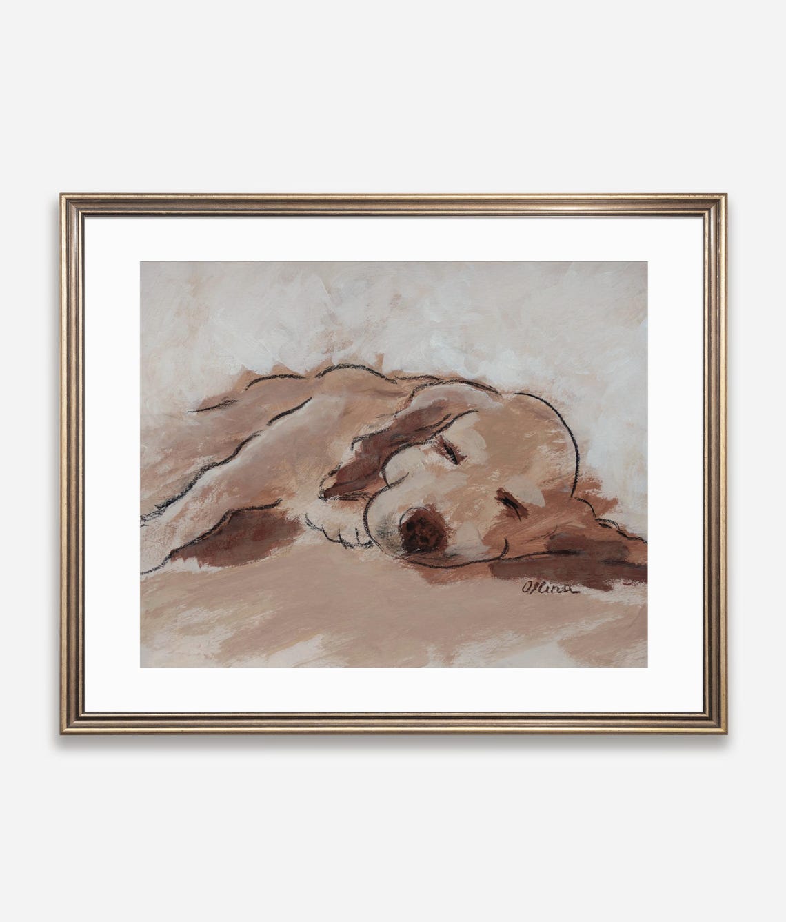 Sleeping Golden Dog Charcoal Sketch Cozy Neutral Nursery Poster
