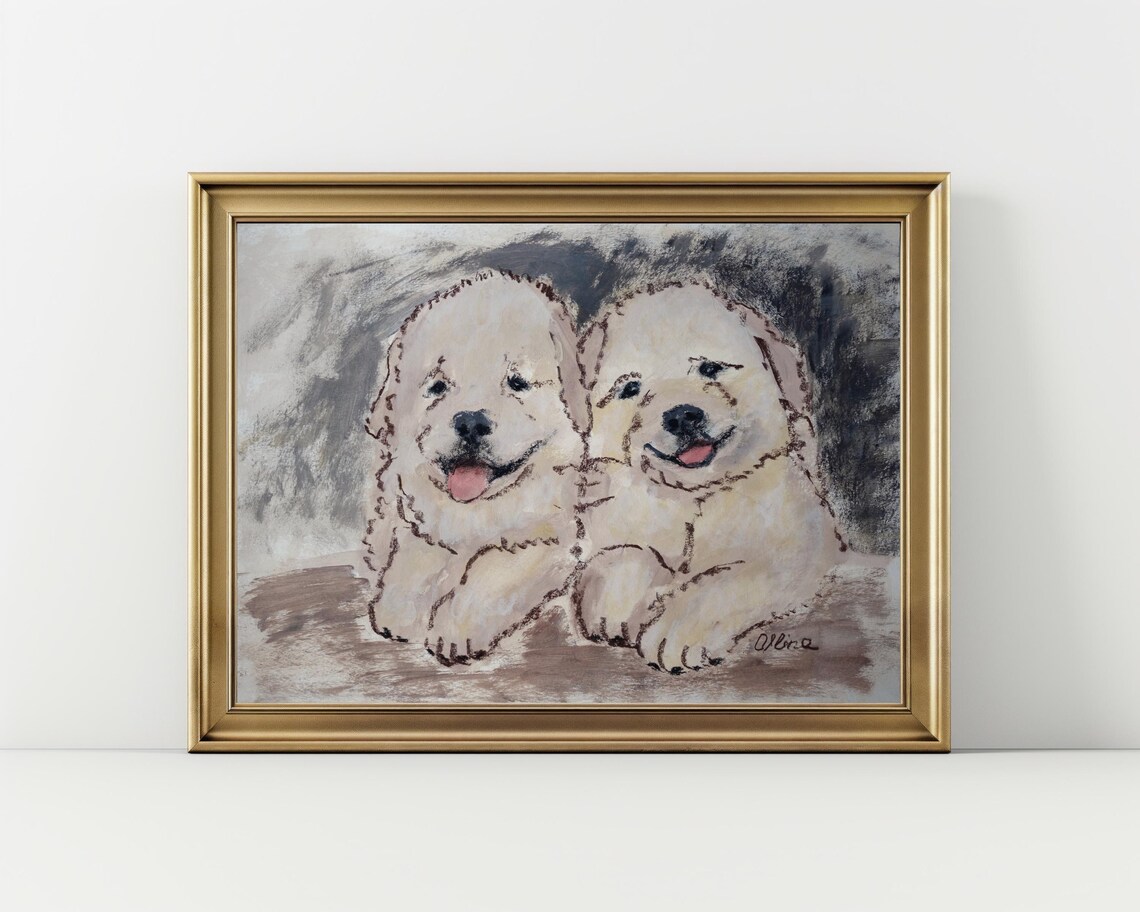 Two Golden Retriever Puppies Portrait Painting Poster Happy Pups Gift