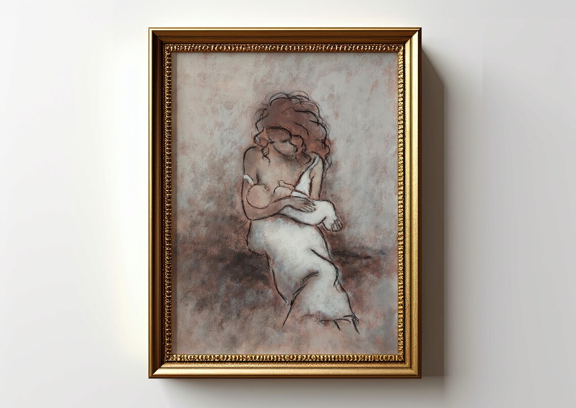 Nursing Mother and Newborn Baby Neutral Charcoal Sketch Poster