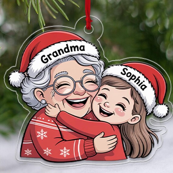 Personalized Grandma Hug Cartoon Santa Hat Names Christmas Ornament Poster