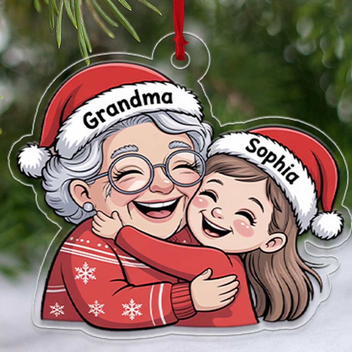 Personalized Grandma Hug Cartoon Santa Hat Names Christmas Ornament Poster