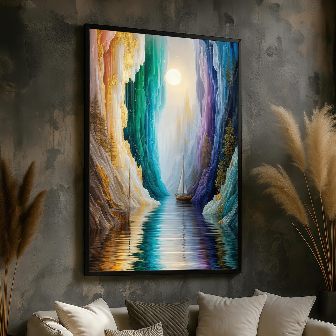 Dreamlike Sailing Ship In Colorful Canyon Under Moonlight Poster