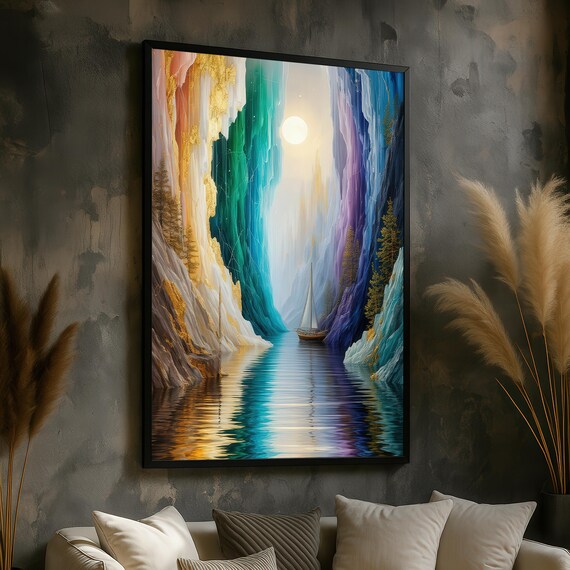 Dreamlike Sailing Ship In Colorful Canyon Under Moonlight Poster