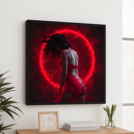 Mystical Red Aura Woman Canvas Neon Circle Back View Sensual Feminine Art Modern Abstract Wall Decor Bold Home Decoration