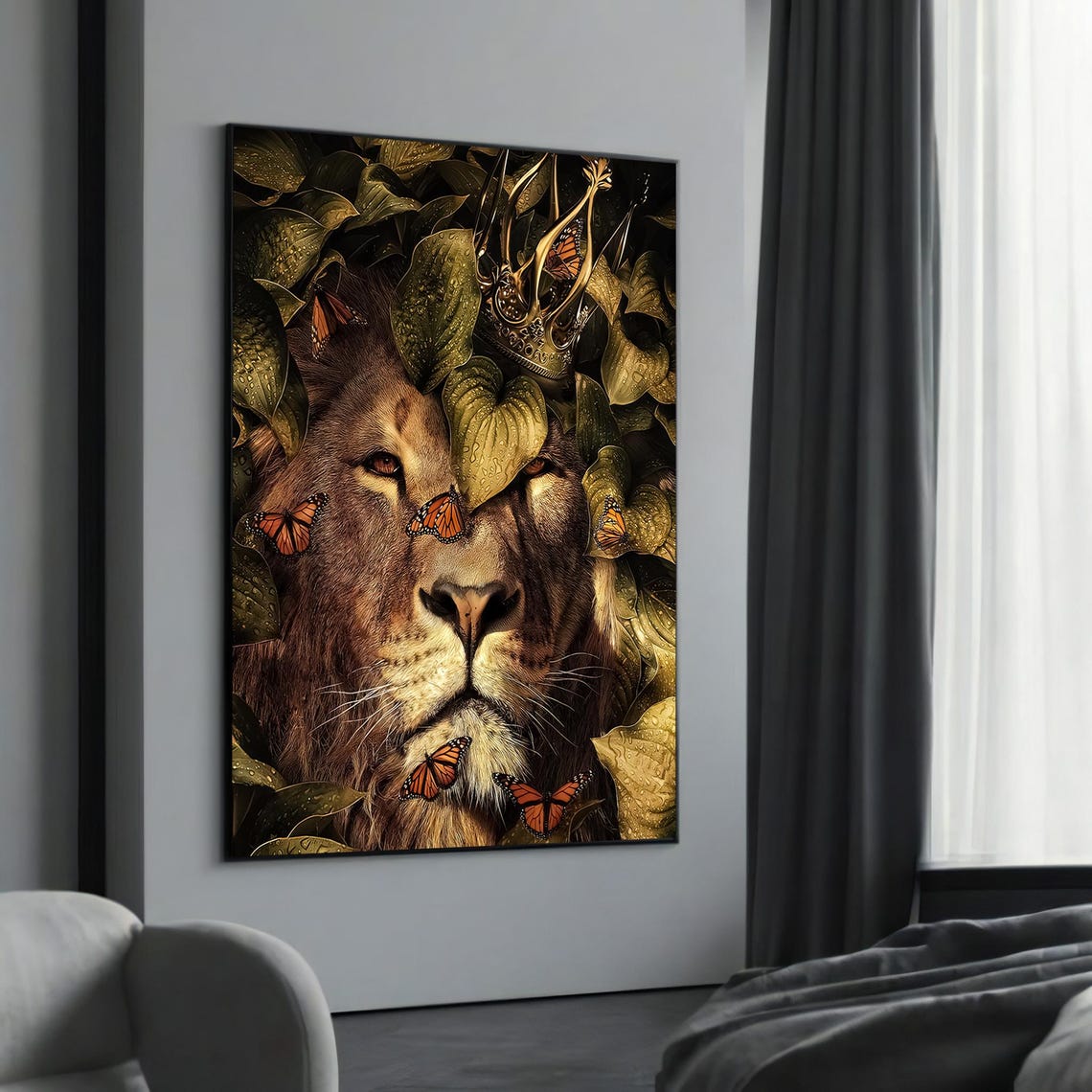 Crowned Lion with Monarch Butterflies Among Golden Leaves Poster