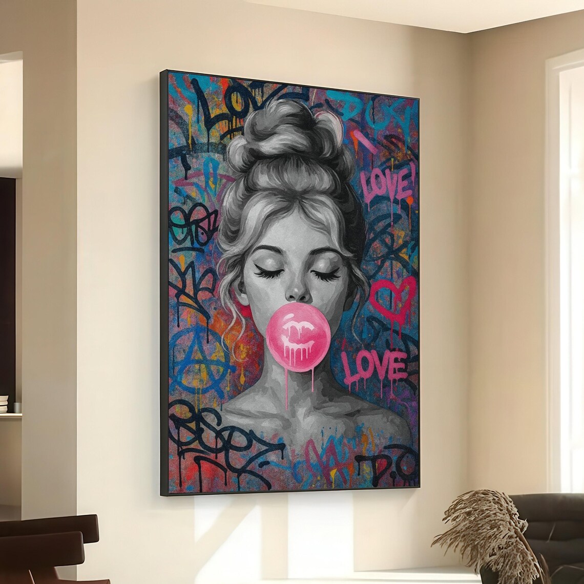 Urban Graffiti Girl Blowing Pink Bubblegum Love Street Wall Art