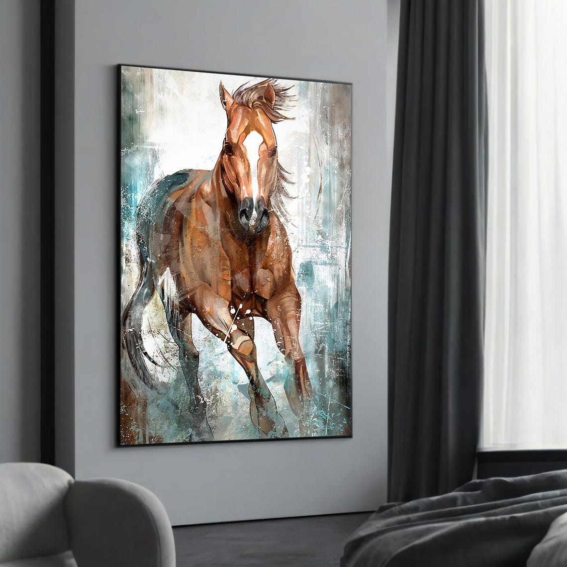 Wild Galloping Chestnut Horse in Swirling Teal Equestrian Poster