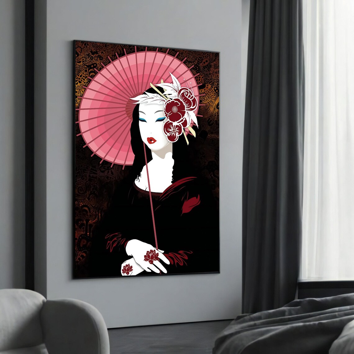 Elegant Geisha With Pink Parasol And Floral Accents Japanese Poster