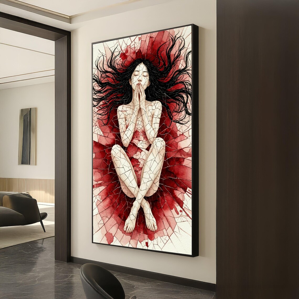 Cracked Glass Woman Red Watercolor Emotional Portrait Art Poster