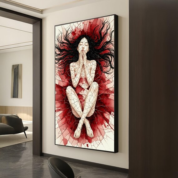 Cracked Glass Woman Red Watercolor Emotional Portrait Art Poster