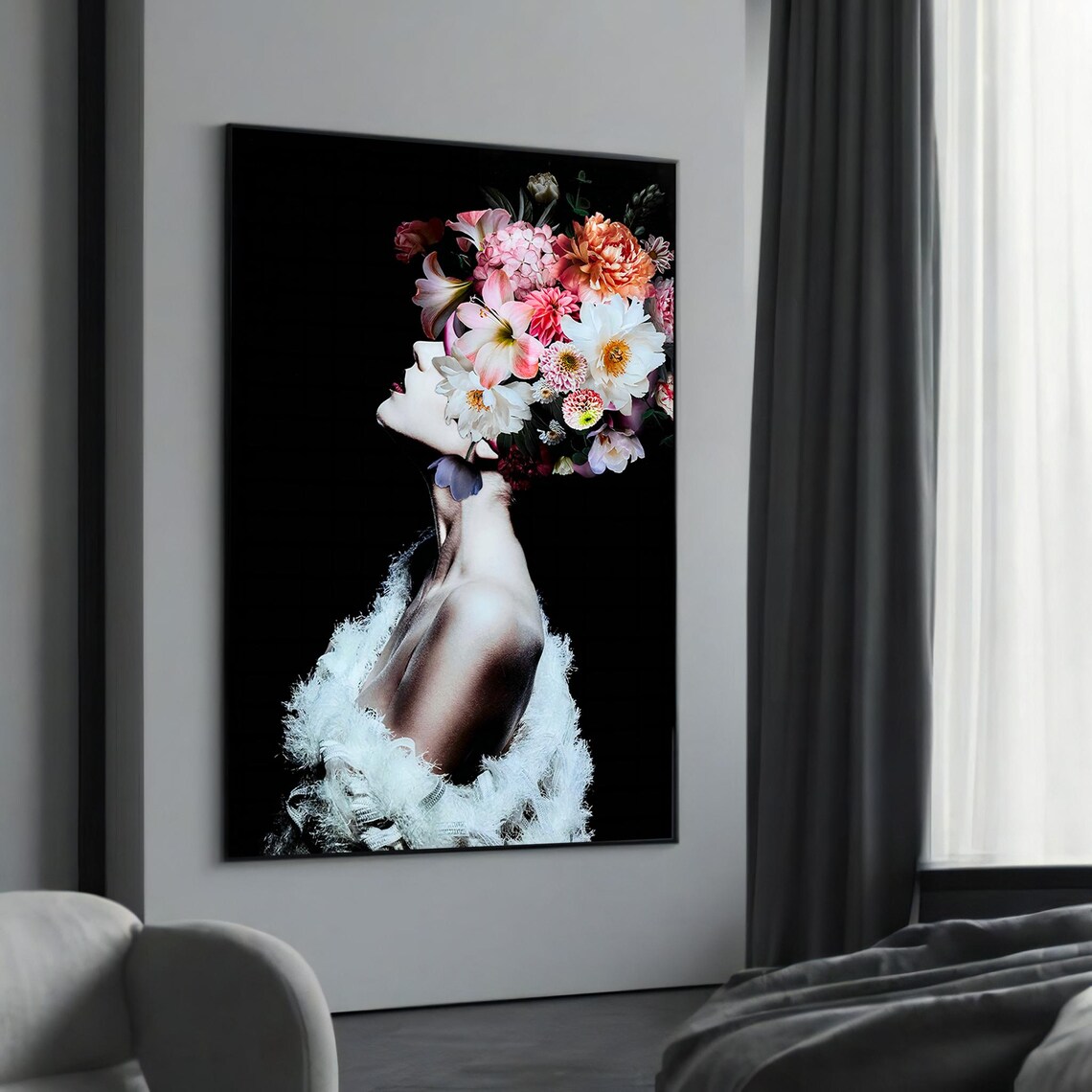 Floral Crown Woman Elegant Flower Portrait Black Background Wall Art