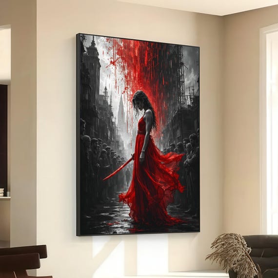 Dramatic Red Dress Warrior Sword Canvas Wall Art Dark Cityscape Bold Color Splash Gothic Urban Scene Modern Fantasy Decoration
