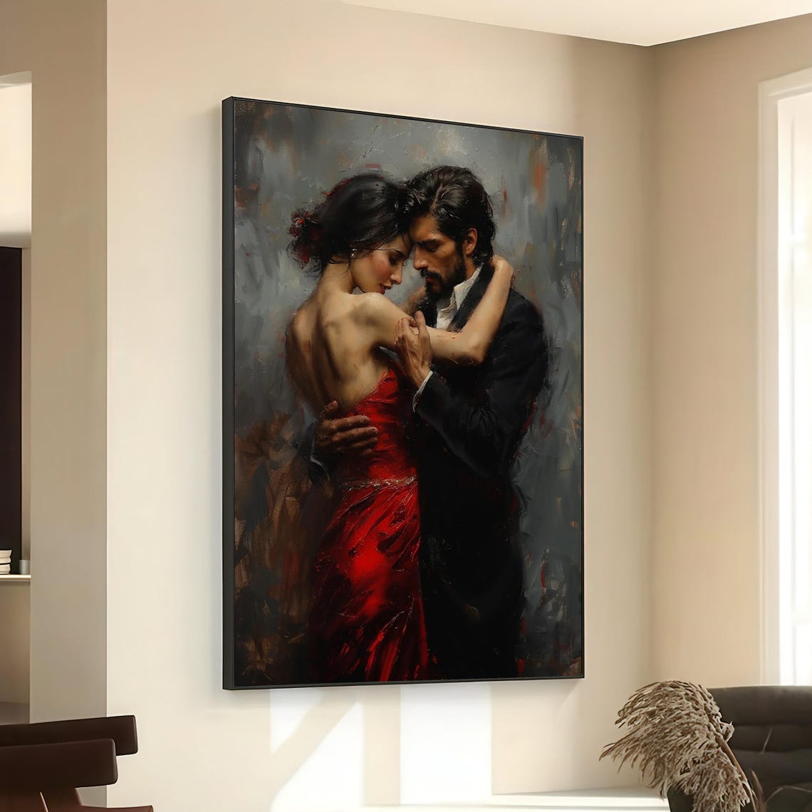 Romantic Couple Dancing Red Dress Tango Embrace Passionate Art Poster