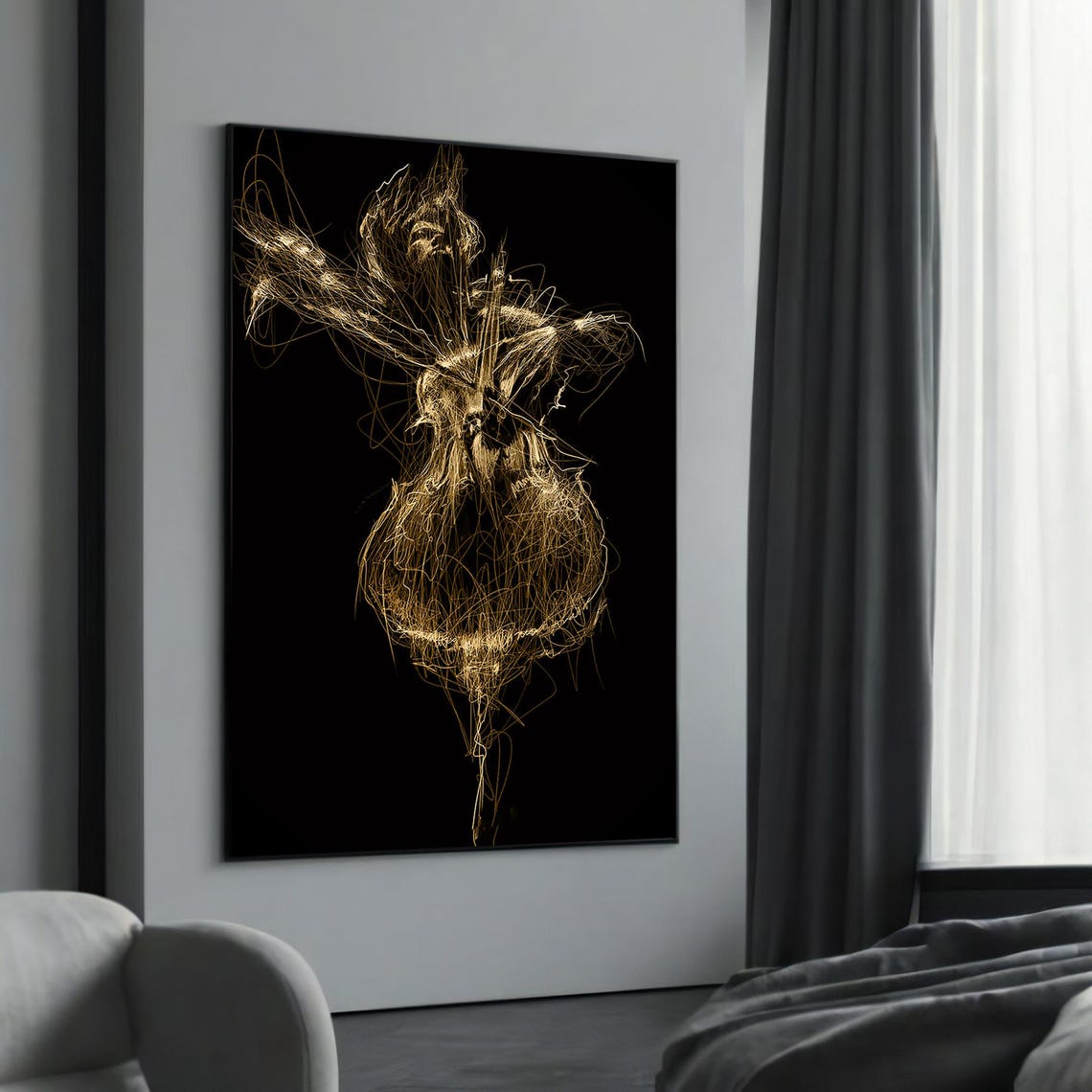 Golden Line Art Dancing Figure on Black Elegant Abstract Poster