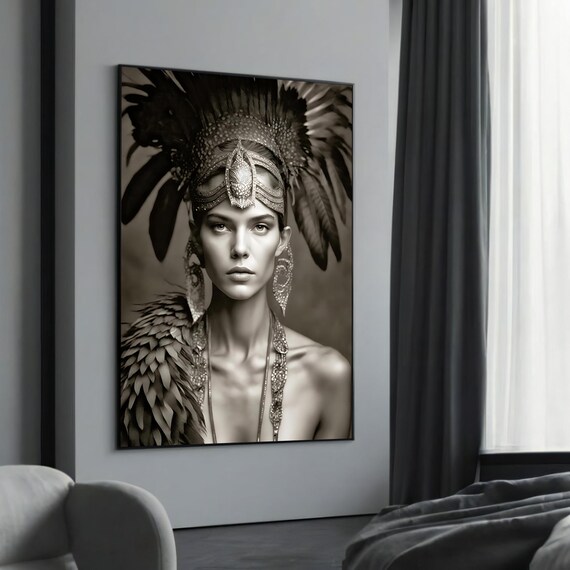 Black and White Woman Portrait Art Print with Feather Headdress Style