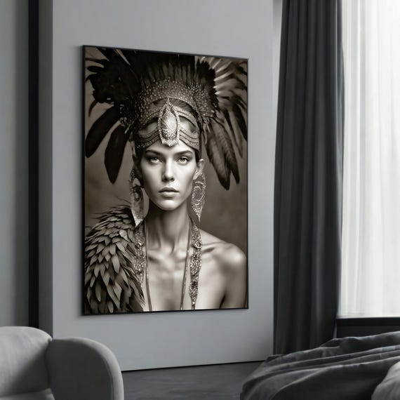 Modern Ethnic Woman Portrait Black And White Abstract Art Elegant Wall Decor Unique Decorative Canvas Painting