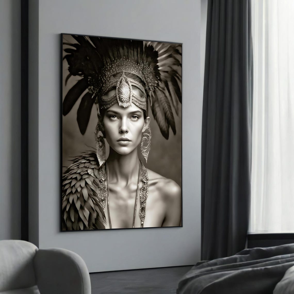Modern Ethnic Woman Portrait Black And White Abstract Art Elegant Wall Decor Unique Decorative Canvas Painting