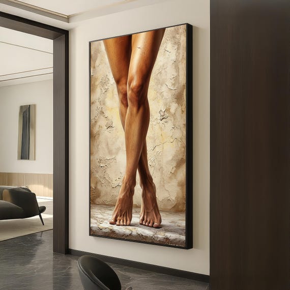 Hyperrealistic Female Legs Canvas Art Minimalist Nude Figure Study With Textured Wall Backdrop Elegant Body Form Decor