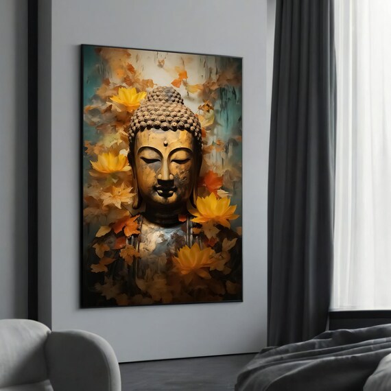 Ancient Buddha Statue with Autumn Leaves and Lotus Flowers Poster