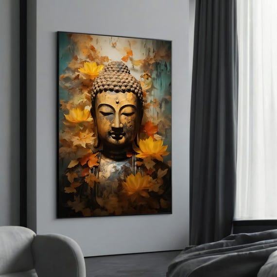 Tranquil Buddha With Flowers Canvas Art Zen Spiritual Wall Decor Mindful Meditation Artwork Ready To Hang