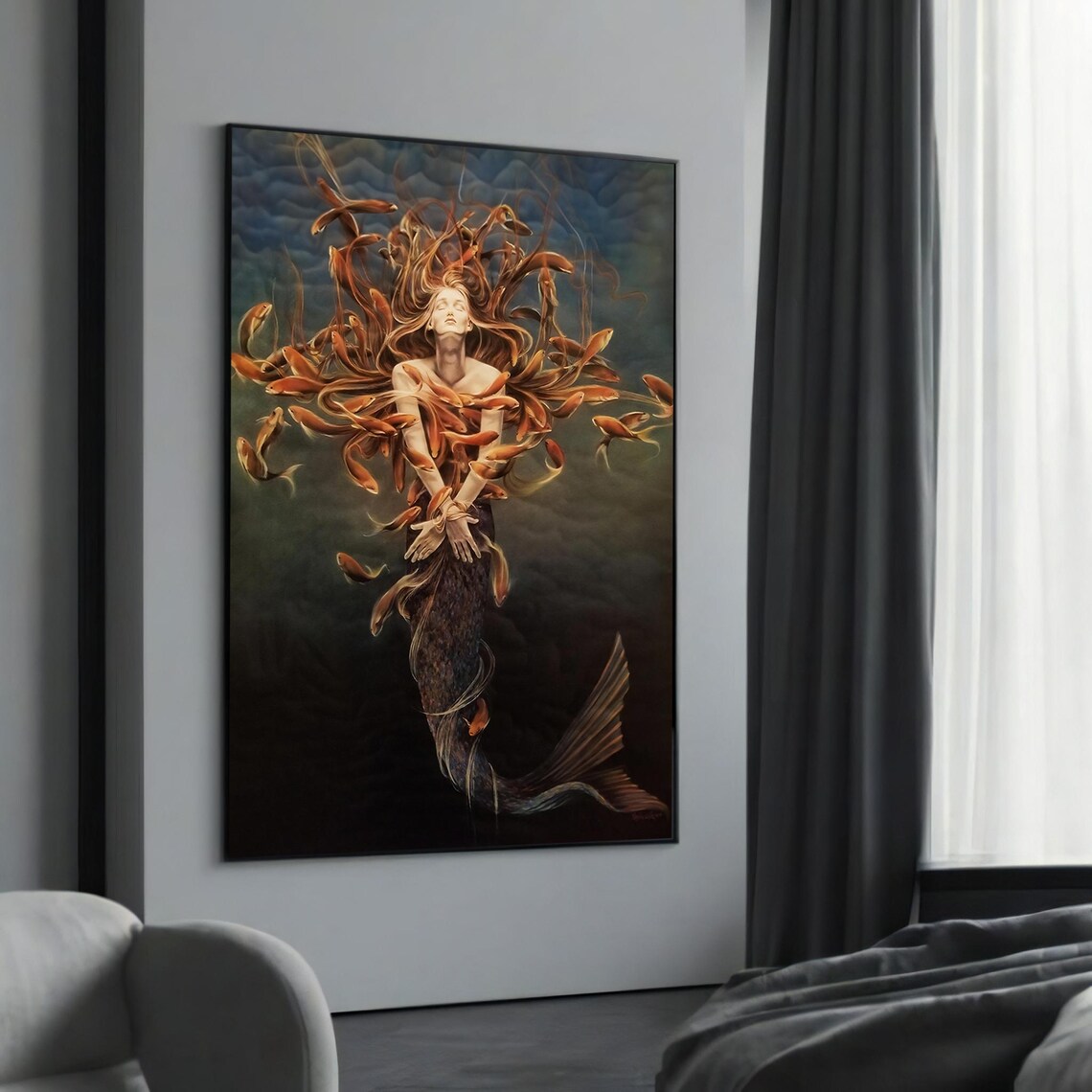Golden Fish Mermaid Swirl Transformation Surreal Ocean Art Poster