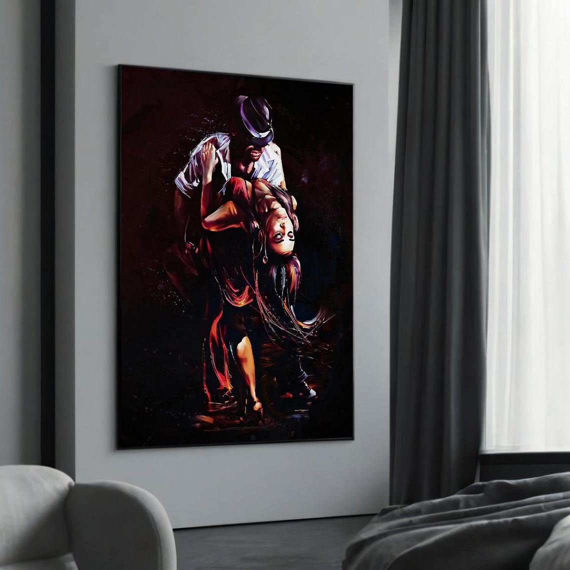 Passionate Tango Dance Couple Painting in Romantic Deep Red Poster