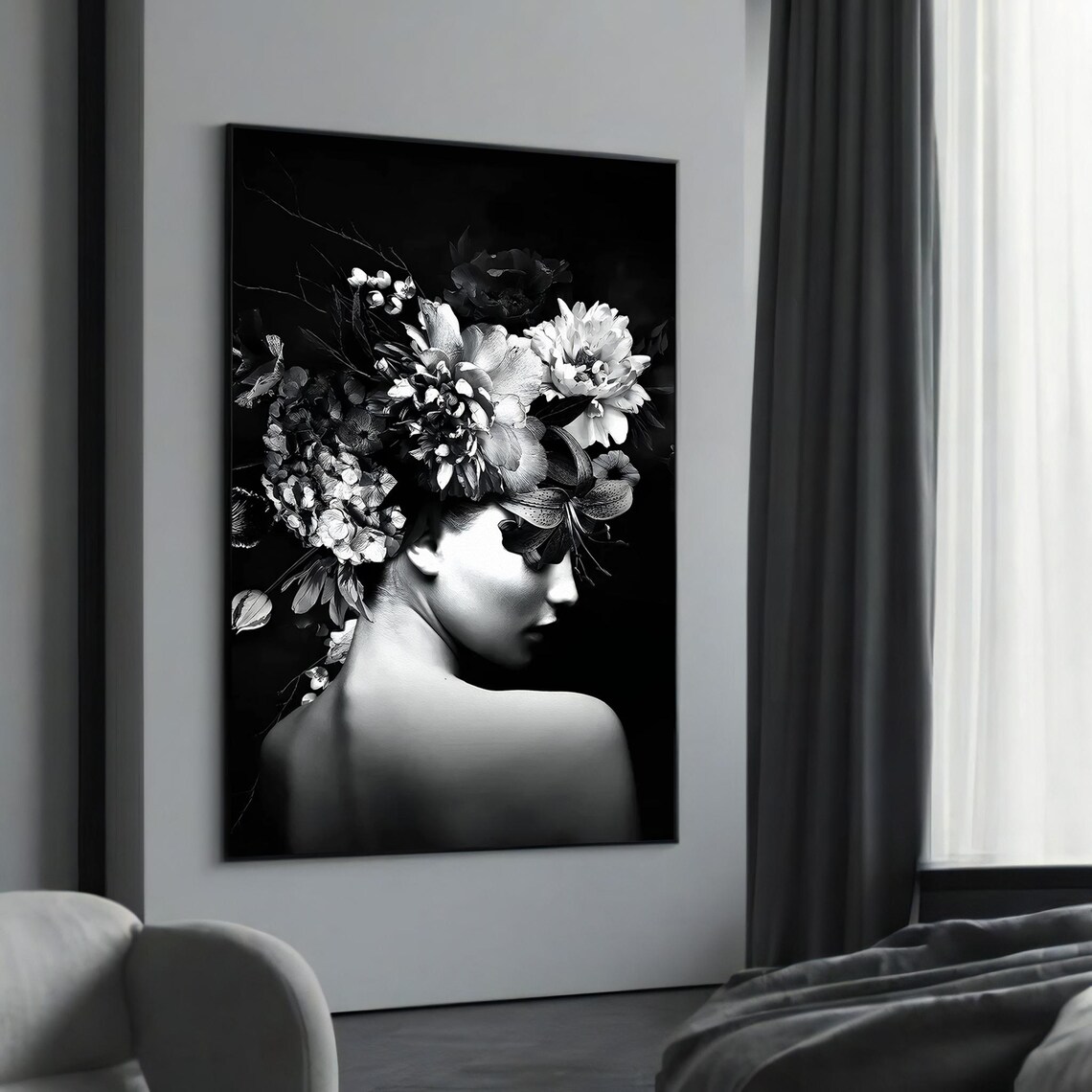 Black White Floral Headdress Woman Elegant Classic Portrait Poster