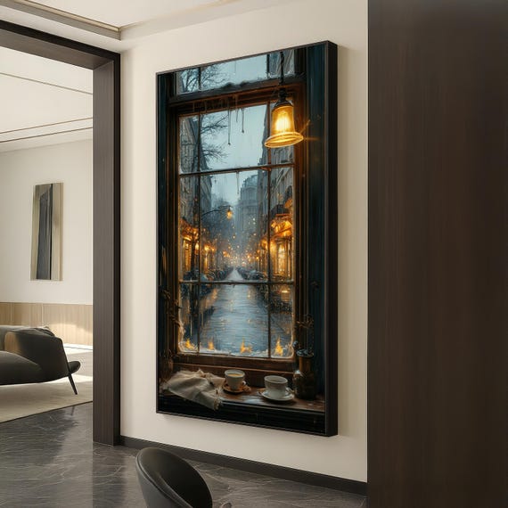 Rainy Window Street View, Cozy Cafe Nightscape Art Print