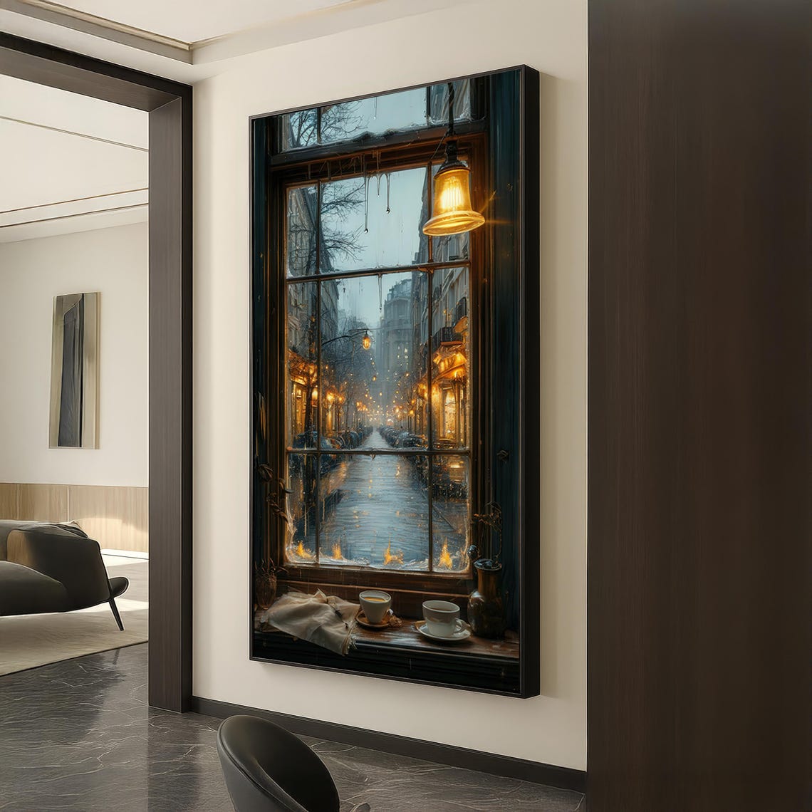 Rainy Window Street View, Cozy Cafe Nightscape Art Print
