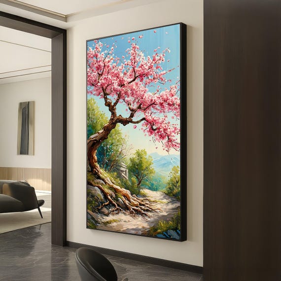 Blooming Cherry Blossom Tree Canvas Spring Landscape Wall Art Pink Floral Nature Scene Rustic Outdoor Decor Ready To Hang
