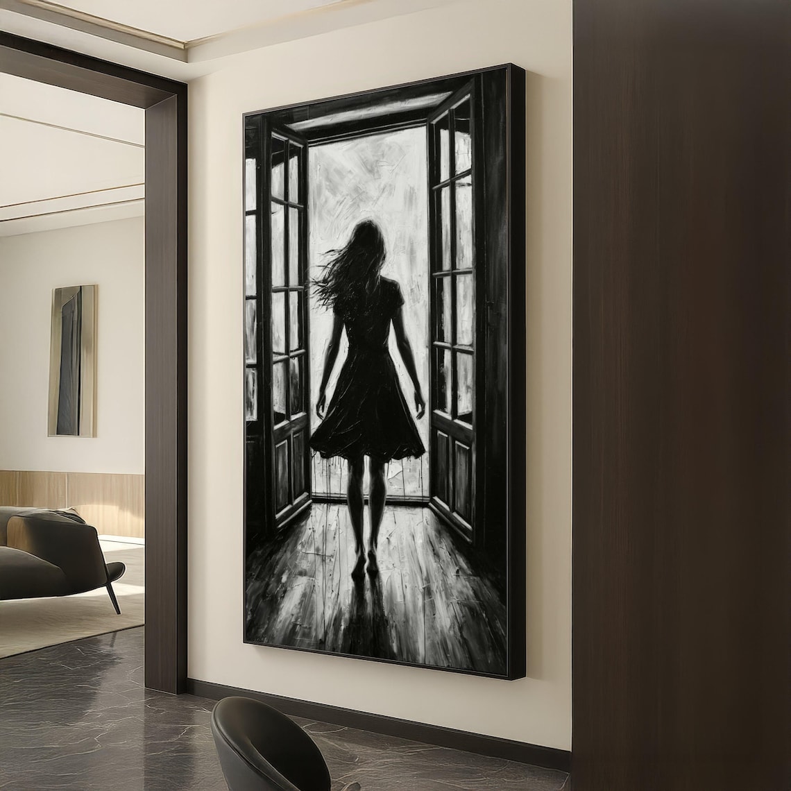 Silhouette Woman Open Doorway Black White Monochrome Dress Poster