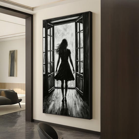 Silhouette Of Woman Standing Open Doorway Canvas Monochrome Wall Art Black And White Home Decor Contemporary Painting Ready To