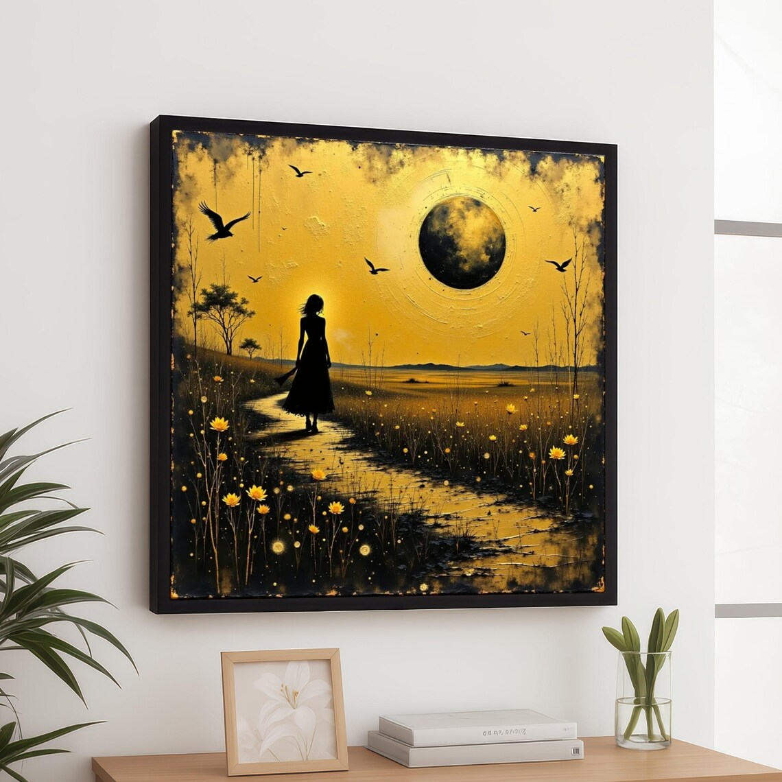 Enchanted Evening Walk Woman Golden Meadow Silhouette Wall Art