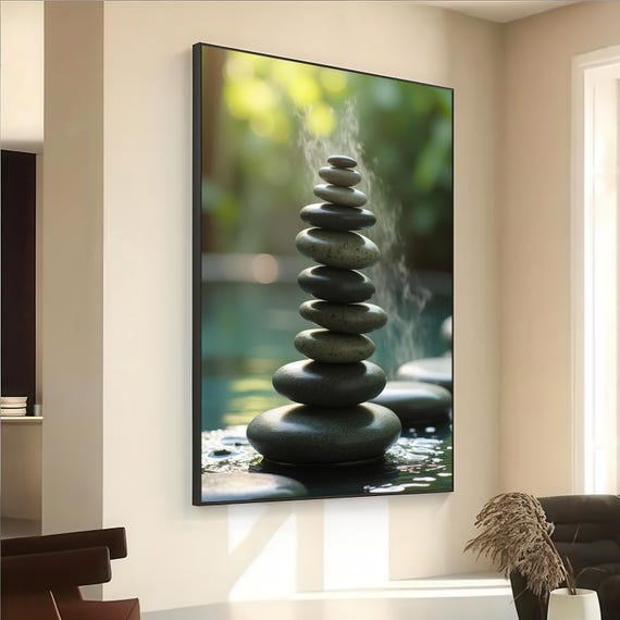 Zen Balancing Stones Wall Art Tranquil Spa Style Print With Soothing Water And Nature Minimalist Calm Decor For Home Or Office