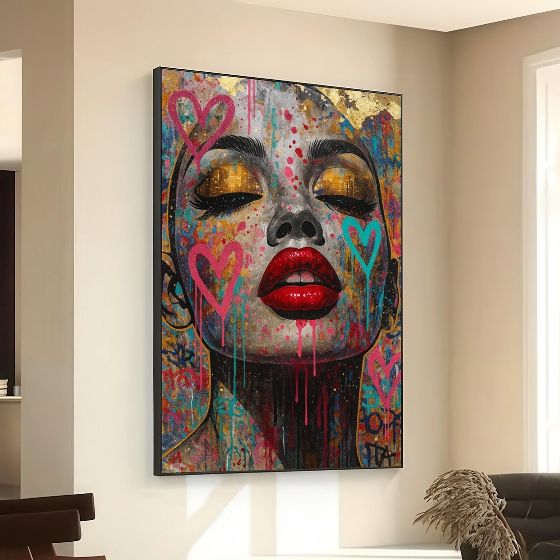 Urban Glamour Portrait Golden Eyes Colorful Drip Paint Wall Art