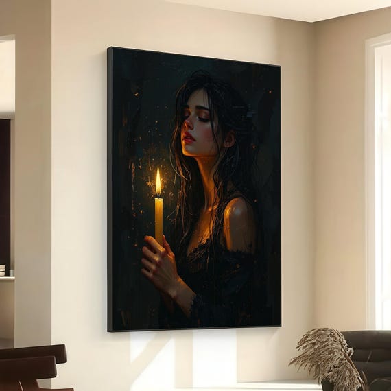 Woman With Candlelight Portrait Canvas Dark Moody Wall Art Emotional Female Figure Painting Glow Candle Decor Gothic Style