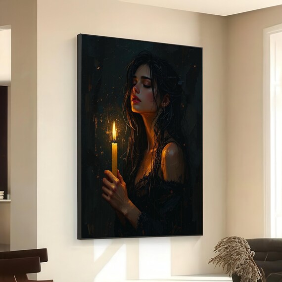 Woman with Candlelight Portrait Dark Moody Golden Glow Elegant Night Poster