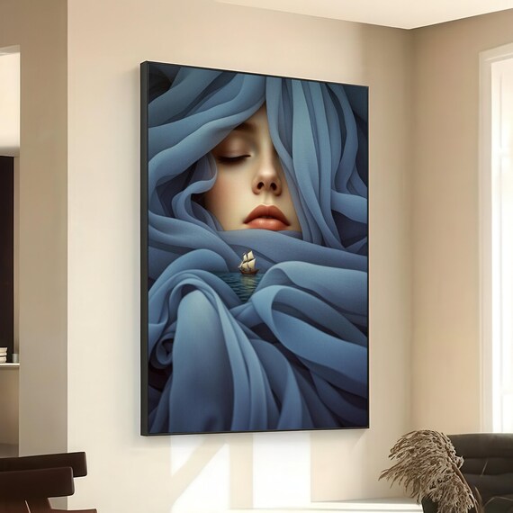 Dreamy Woman Blue Fabric Portrait Tiny Sailboat Surreal Ocean Poster