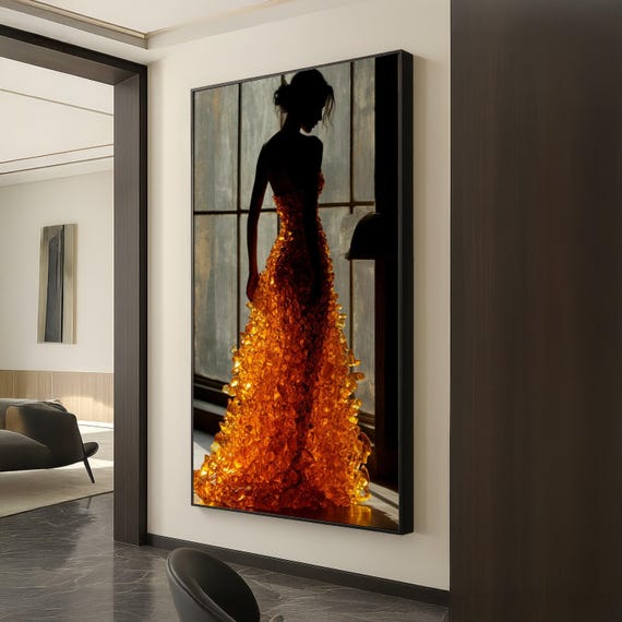 Golden Amber Glow Silhouetted Woman Canvas Illuminated Dress Wall Art Artistic Portrait Modern Home Decoration