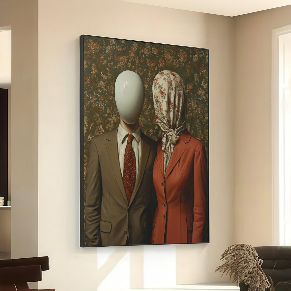 Surreal Faceless Couple White Head Floral Scarf Vintage Style Poster