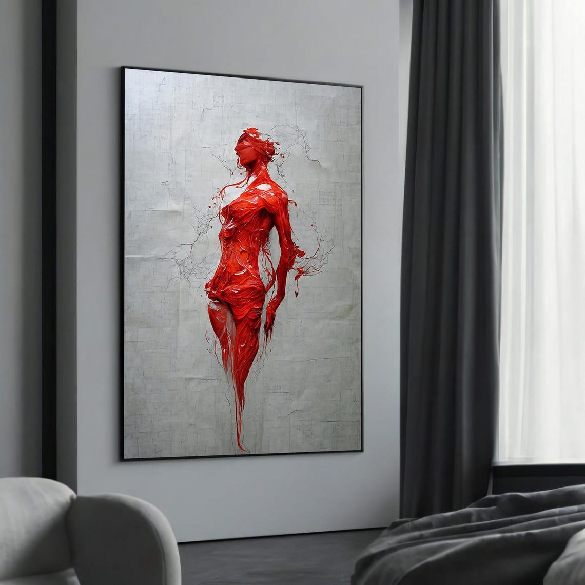 Abstract Red Woman Canvas Painting Modern Dripping Figure Art Bold And Striking Wall Decor Unique Feminine Gift For Contemporary Spaces
