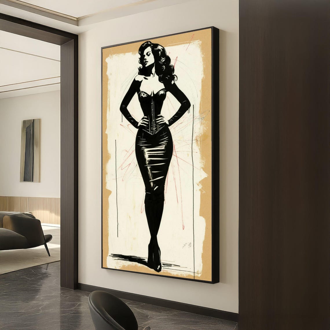 Elegant Femme Fatale Silhouette Black Dress Canvas Wall Art Vintage Pinup Style Illustration Glamour Fashion Decor Retro Home