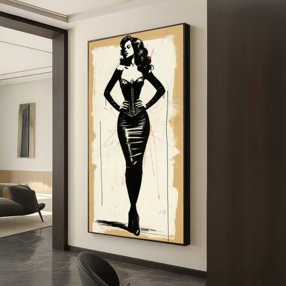 Elegant Femme Fatale Silhouette Black Dress Canvas Wall Art Vintage Pinup Style Illustration Glamour Fashion Decor Retro Home