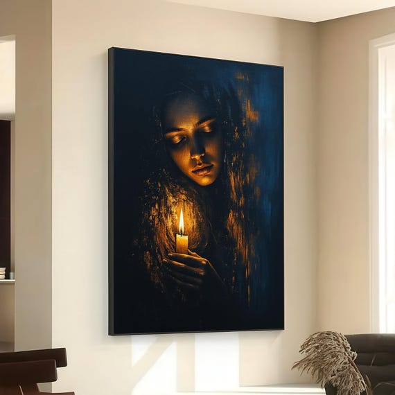 Woman Holding Candle Canvas Wall Art Mystical Glow Portrait Moody Dark Lighting Inspirational Home Decor Ethereal Candlelit