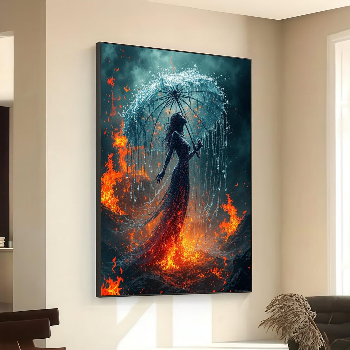 Water Woman Fire Umbrella Elemental Contrast Fantasy Art Poster