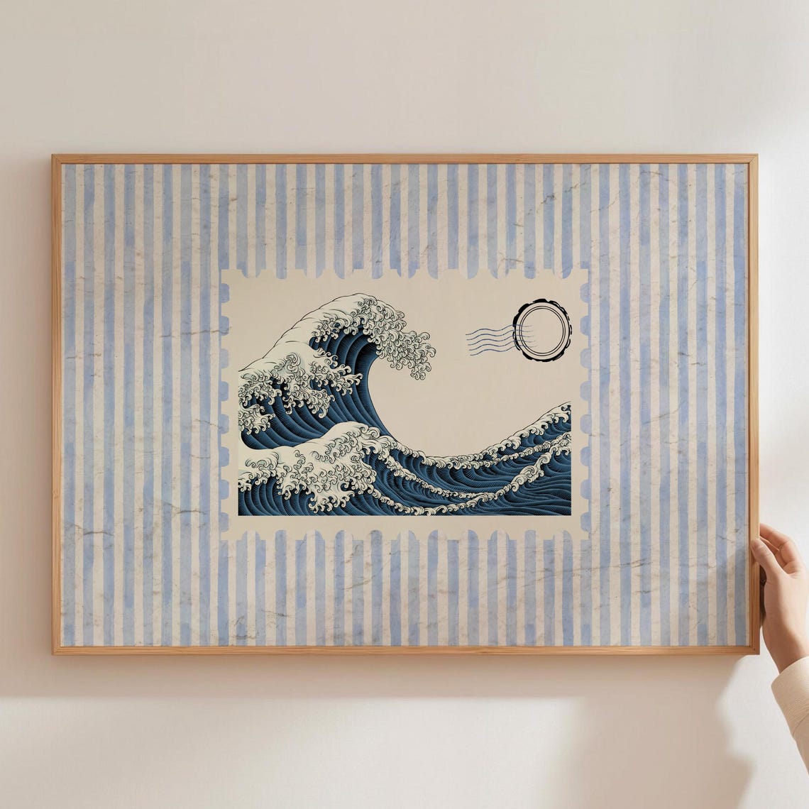 Japanese Great Wave Ocean Stamp Blue Striped Coastal Art Print