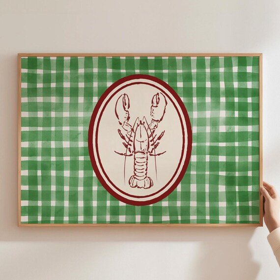 Vintage Striped Kitchen Print Bar Cart Retro Lobster Wall Art Rustic Mid Century Modern Decor Green